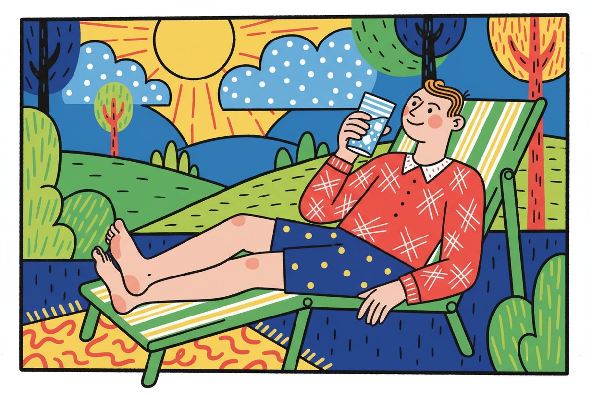 5:2 diet for beginners - Young man drinking water from a glass with ice as he sits outside on a sunny day with his feet up on a sunchair
