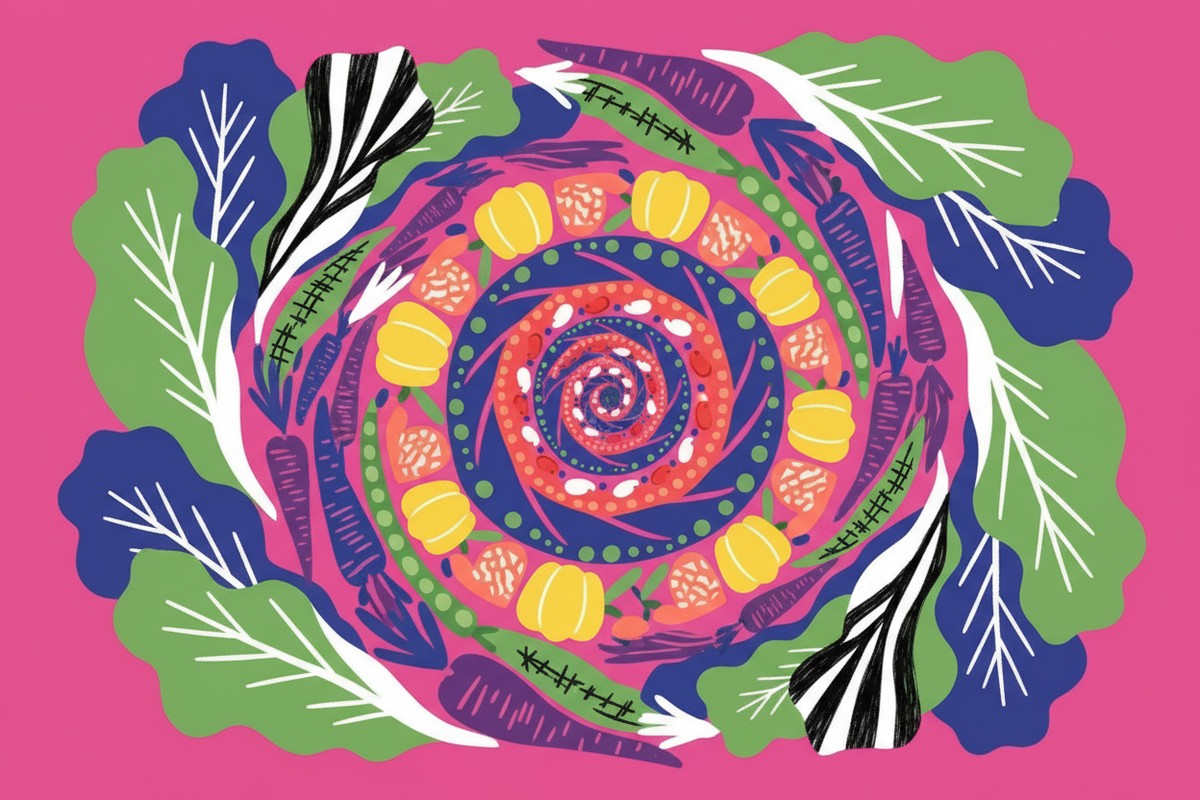 plant based diet benefits - an abstract composition featuring lettuce leaves, vegetables, and legumes arranged in a spiral pattern