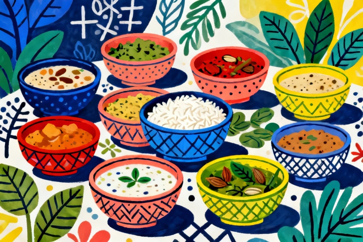 ayurvedic diet food list - A veriety of small bowls each with common ayervedic dishes, like rice pudding etc.