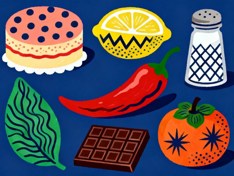6 foods covering the sweet, sour, salty, pungent, bitter, and astringent tastes