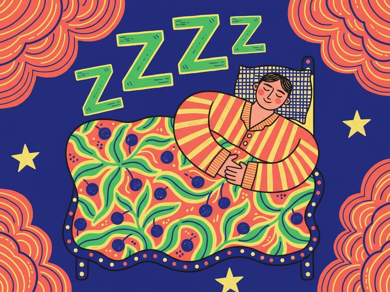 A man in striped pyjamas fast asleep in bed at night with ZZZZZs overlaid. Top down view