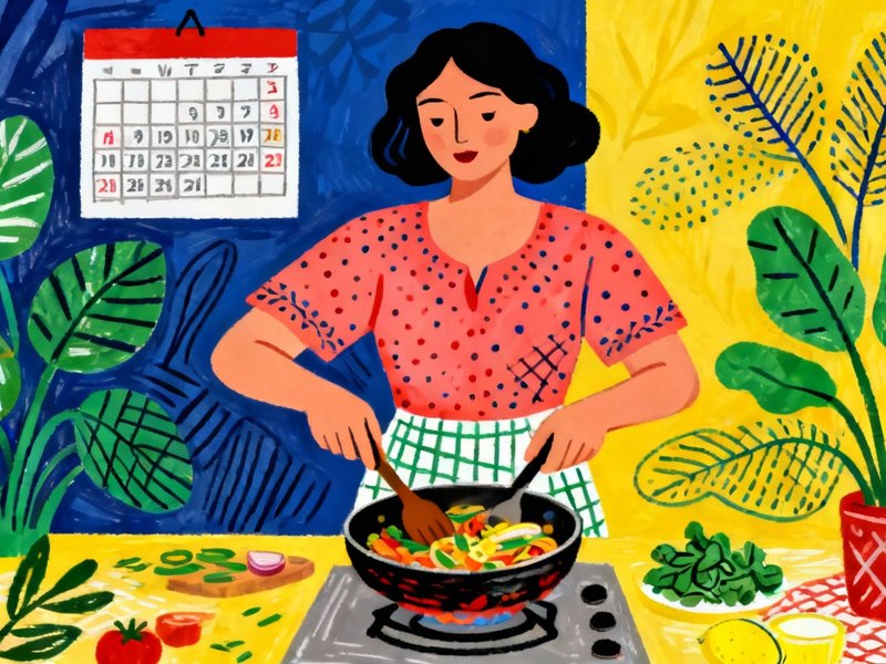 intermittent fasting tracker - A woman cooking a stir fry with a calendar as the background