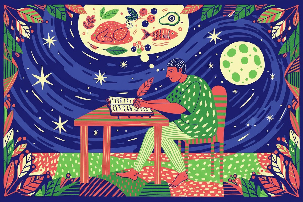 paleo diet tracker - man writing in a journal and thinking about paleo foods. Night time.