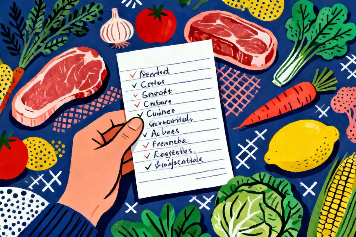 candida diet food list - A hand holding a shopping list with various meats and vegetables on the list
