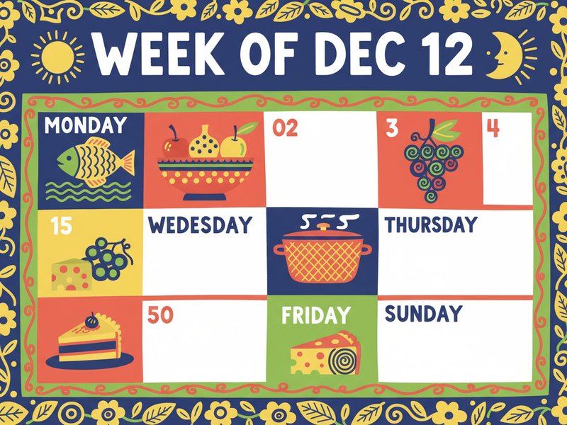 Close up of a calendar with 5 days marked with food and 2 sequential days marked blank