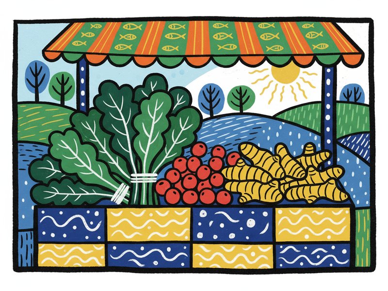 foods at a market stall including leafy greens, berries, turmeric