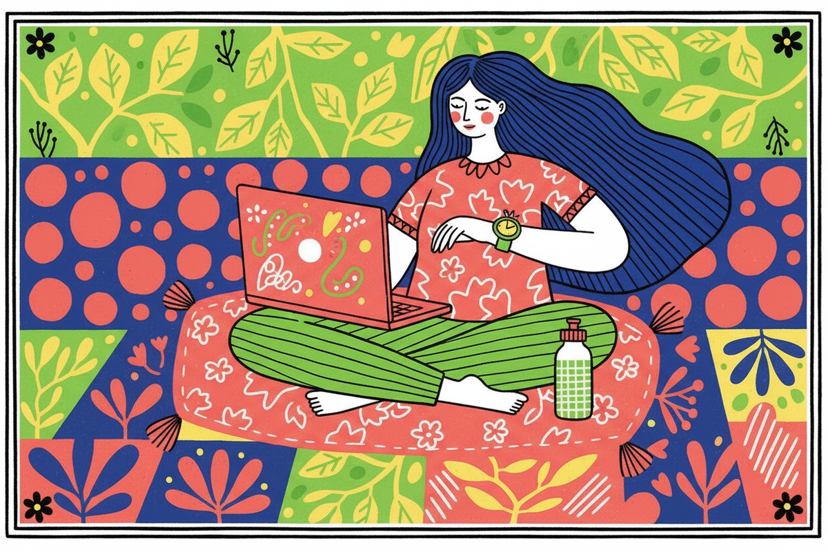 intermittent fasting for beginners - woman working on her pink laptop with a water bottle, looking at her watch