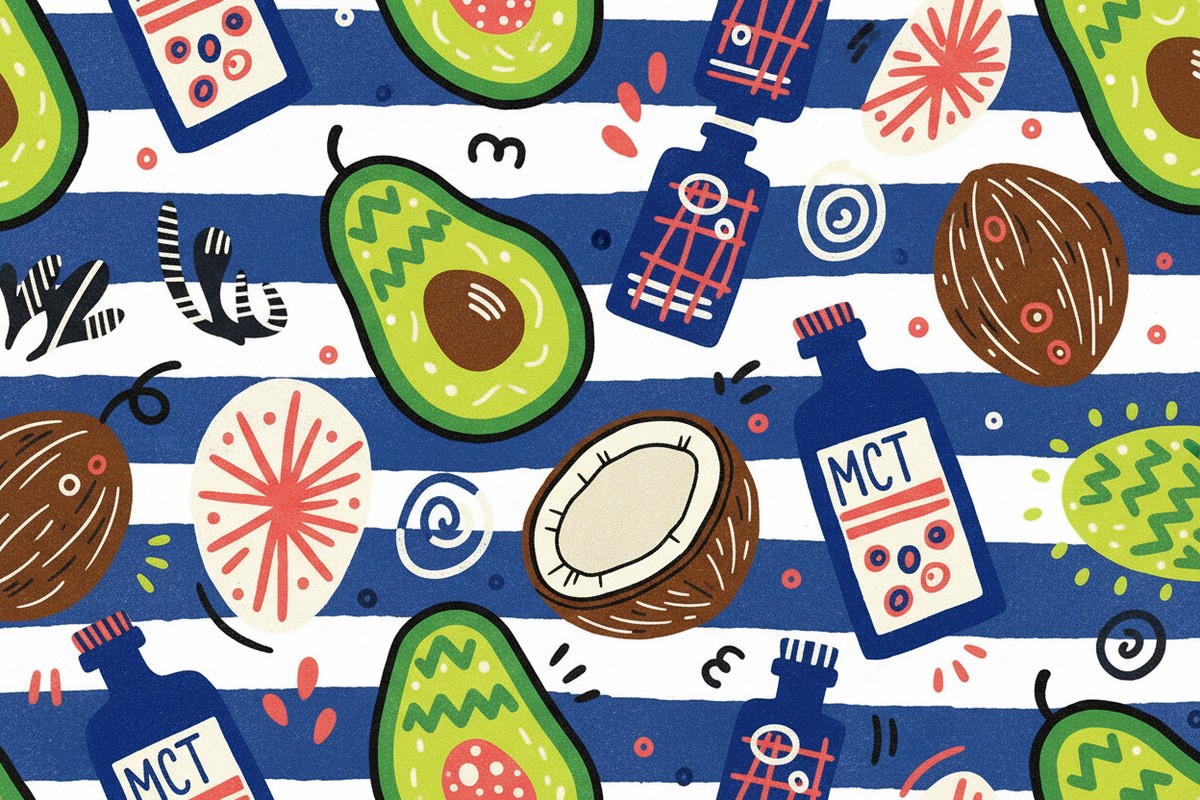 ketogenic diet for beginners - A collage of avocados, mct oil bottles, coconuts and patterns over a striped blu background