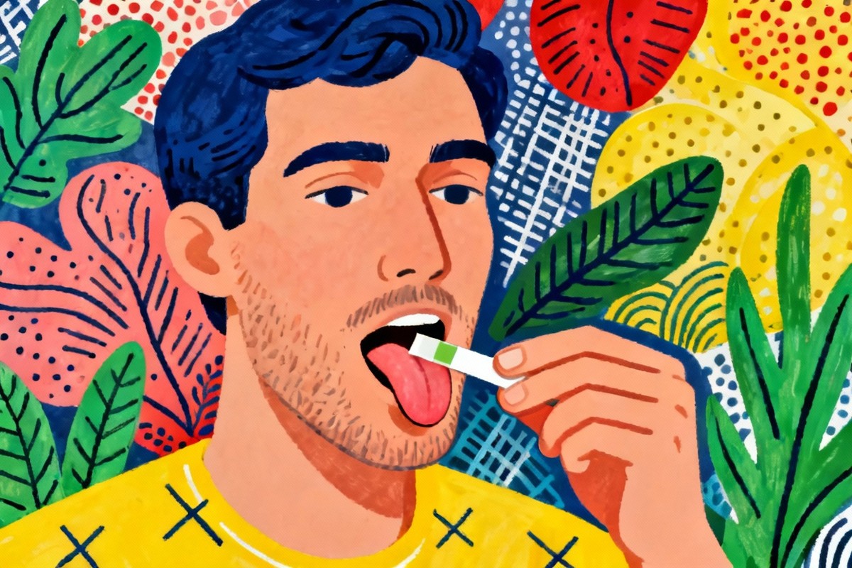 keto diet tracker - A man's face as he tests his ketosis by placing a ketosis strip on his tongue