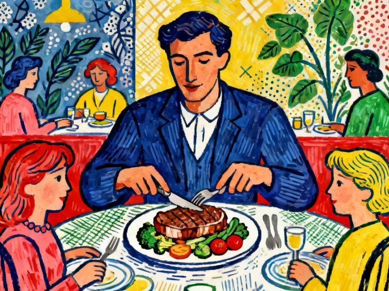 Man eating a steak and vegetables at a restaurant with his family