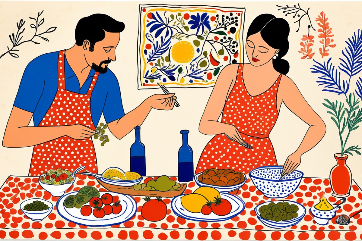 mediterranean diet tracker - mediterranean diet tracker - Man and woman together drawing up a chart with a mediterranean meal on the table