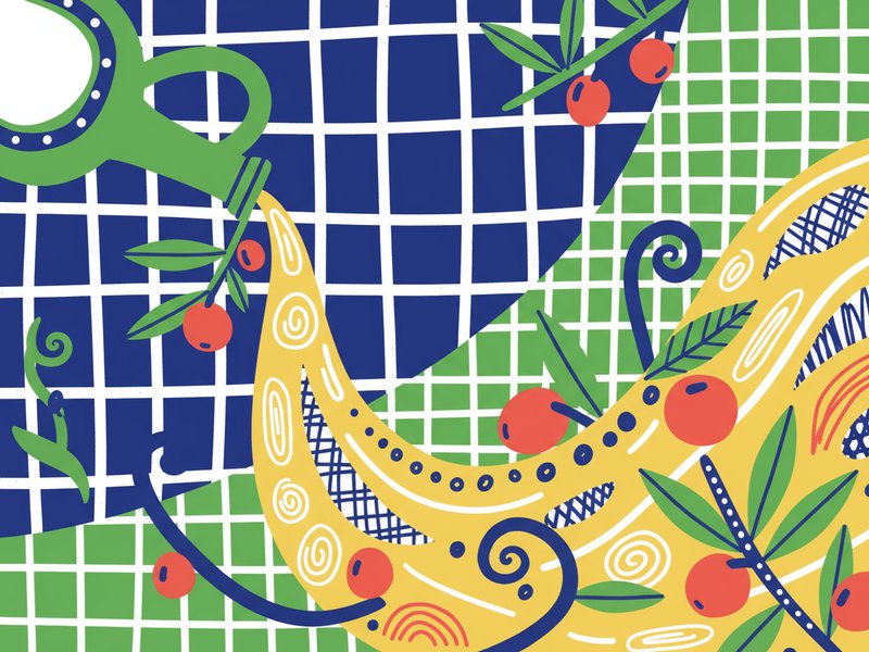 Olive oil flowing in waves out of the bottle and around the page