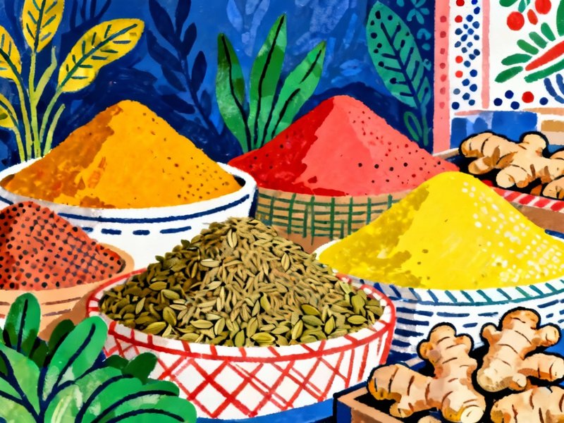 Piles of spaces at a market stall including turmeric, cumin, coriander and ginger