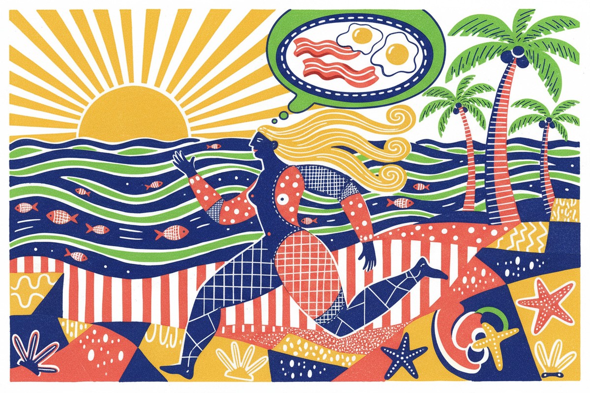 intermittent fasting benefits, benefits of fasting, benefits of intermittent fasting - Woman running on the beach in the morning dreaming of a big plate of bacon and eggs