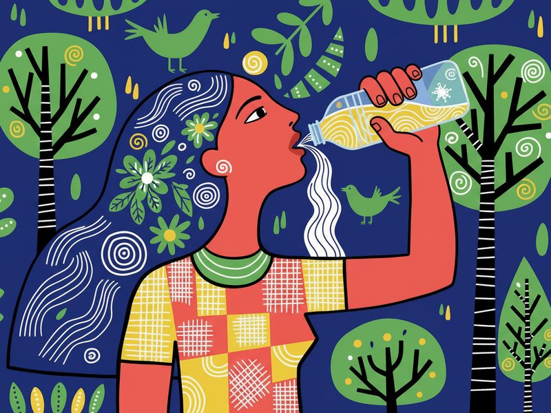 Woman drinking filtered water from a bottle close up